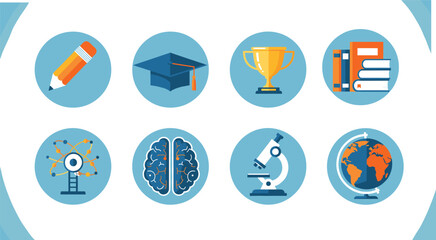 Education icons set for learning, science, achievement, global knowledge, creativity, academic success, research, study tools, vector illustration pack