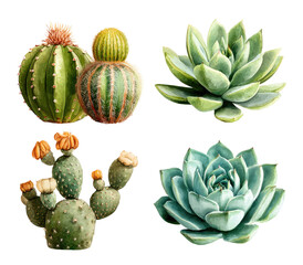 Four illustrated succulents and cacti, digitally rendered.  Each plant is displayed in a separate quadrant, showcasing varied shapes and textures, with vibrant, natural color palettes. 