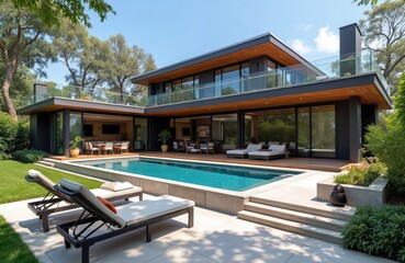 Fototapeta premium Modern luxury home boasts large deck, contemporary patio, aesthetically designed courtyard with pool. Residential estate features open-plan living, dining areas, stylish exterior. Perfect for real