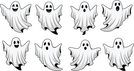 Cartoon ghost character set with emotional expressions, Halloween theme, floating spooky figures, cute scary faces, fun vector illustration pack