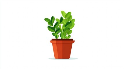 Fototapeta premium A small potted houseplant with vibrant green leaves is isolated against a neutral background, showing new growth