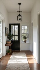 Fototapeta premium Modern farmhouse entryway features clean lines, welcoming black door with glass panes. Natural light streams through tall window, illuminating patterned rug, wooden floors. Space blends minimalist