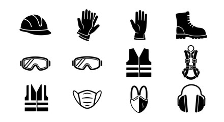 Essential safety equipment icons for construction, manufacturing, or industrial workplace