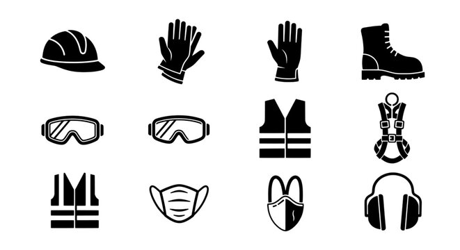 Essential safety equipment icons for construction, manufacturing, or industrial workplace