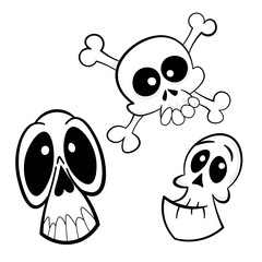 Cartoonish, vector, black-and-white illustration of three skulls. Made for Halloween.