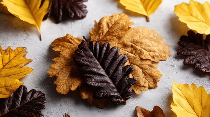 A close-up of assorted autumn leaves in various shades of yellow and brown arranged on a light surface, perfect for seasonal decor, nature-themed projects, or educational materials about fall,