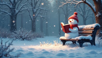 Cute snowman sits on snowy park bench, engrossed in reading book. Wearing red hat, scarf, enjoys tranquil winter day surrounded by trees, falling snow. Scene evokes cozy, festive holiday cheer,