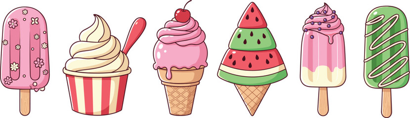 Cartoon ice cream treat collection with popsicles, cones, syrup, sprinkles, and summer dessert designs for food illustration and decoration