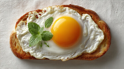 A sunny side up egg on toast garnished with fresh mint leaves on a white textured background top view