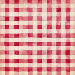 Watercolor rendering of a red and cream gingham pattern, exhibiting subtle variations in color and texture, reminiscent of a hand-painted fabric