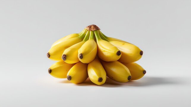 A cluster of ripe yellow bananas is showcased against a clean, neutral background, This image is ideal for food blogs, health articles, or grocery store promotions, emphasizing fresh produce,