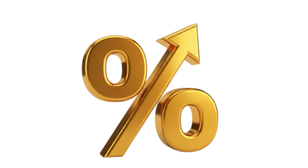 Golden percentage sign soaring upwards symbolizing financial growth and prosperity on a stark on transparent background