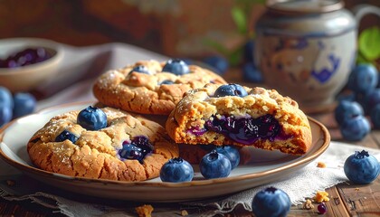 Delicious blueberry cookies close-up shot showcasing their delightful appearance