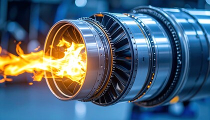 Powerful jet engine with fiery exhaust during testing and operation.