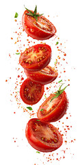 Sliced tomatoes in mid-air, vibrant red, against a dark background