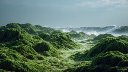 A serene coastal landscape showcasing rolling hills of vibrant green seaweed, gently kissed by the misty spray of crashing waves under a tranquil sky
