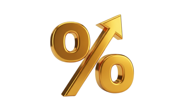 Golden percentage sign soaring upwards symbolizing financial growth and prosperity on a stark on transparent background
