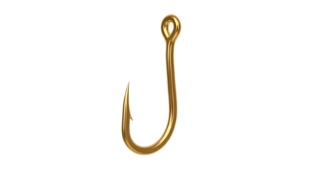 A gleaming golden fishhook symbolizing temptation and allure poised against an endless void on transparent background