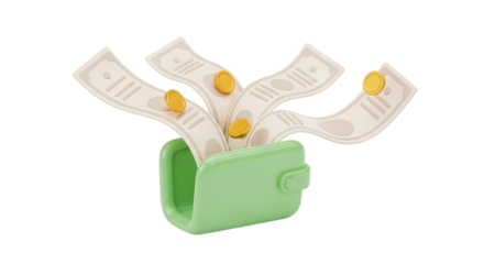 Overflowing wealth A vibrant green wallet bursts with cash and gold coins symbolizing on transparent background