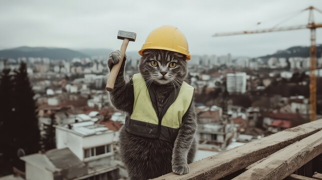A playful cat in a construction outfit, holding a hammer against a city skyline backdrop, ideal for humorous content, children's projects, or social media marketing aimed at quirky themes,