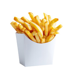 Golden french fries in a white cardboard container.  Crispy,  golden-brown,  and  perfectly cooked