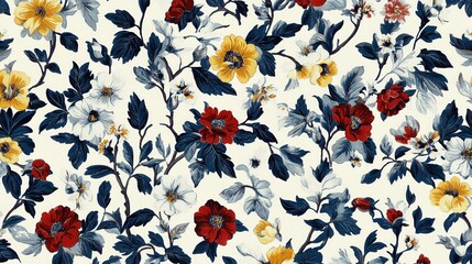 A vibrant floral pattern featuring red, yellow, and white flowers against a light background, Ideal for use in textile design, wallpapers, home decor, or as a backdrop for graphic design projects,
