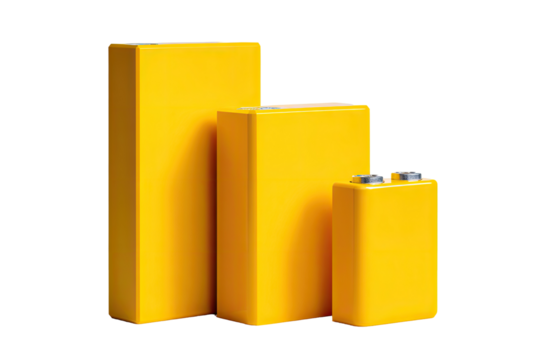 Three yellow rectangular battery cells, various sizes, arranged vertically