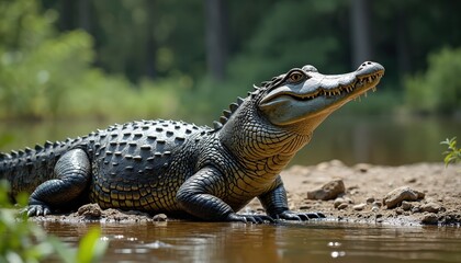Obraz premium Large alligator sunbathes riverbank. Reptile rests in shallow water. Dangerous predator in natural habitat, swamp environment. Fauna wildlife beast, scales, sharp teeth, eye, huge tail, claws.