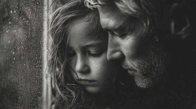 A grayscale close up of a man and a young girl looking out a window on a rainy day together