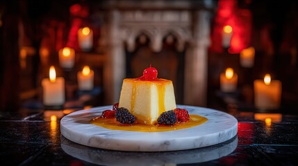 A beautifully presented dessert features a creamy flan topped with caramel sauce, cherries, and berries, enhanced by a warm, candlelit background, ideal for culinary blogs, menus, or romantic dining,
