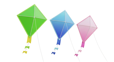 Three kites dance in the wind green blue and pink capturing the joy of flight on a sunny day on transparent background