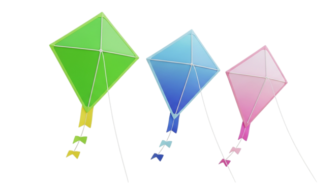 Three kites dance in the wind green blue and pink capturing the joy of flight on a sunny day on transparent background