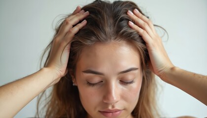 Fototapeta premium Young woman examines greasy hair scalp. Girl touches head, checks hair roots for oiliness. Brunette beauty with closed eyes, looks on health, hygiene, hair care treatment, spa salon. White background.