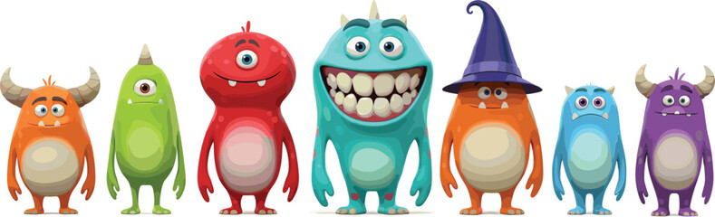 Cartoon monster character set with colorful designs, cute expressions, fantasy creatures, Halloween theme, playful vector illustration for kids and media