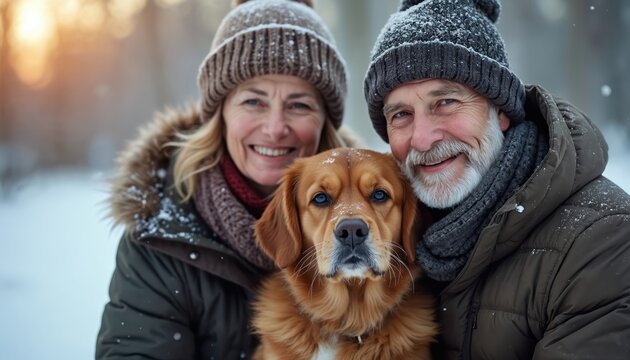 Smiling older couple poses with golden retriever dog in snowy winter park. Both individuals wear warm winter hats, jackets, suggesting enjoyment of cold weather activities. Happy expressions, close