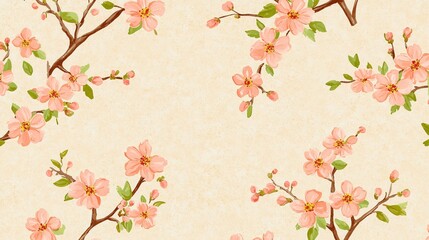 This floral pattern features soft pink cherry blossoms on a textured beige background, ideal for uses like textiles, stationery, website backgrounds, or home decor to convey a fresh, elegant feel,