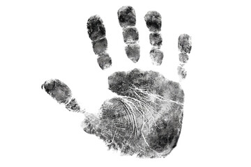 A grayscale handprint, showing intricate details of the palm and fingers.  The print is sharply defined against a black background