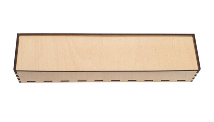 Elongated plywood box on white background, packaging, gift, craft, storage, product display concept.