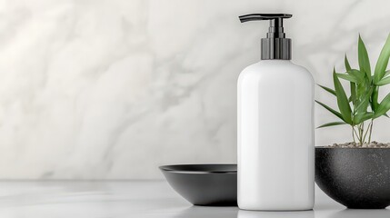 A minimalist beauty or skincare setup featuring a blank white pump bottle beside a decorative bowl and a green plant, Ideal for product showcases, advertisements, or blog visuals in beauty niches,