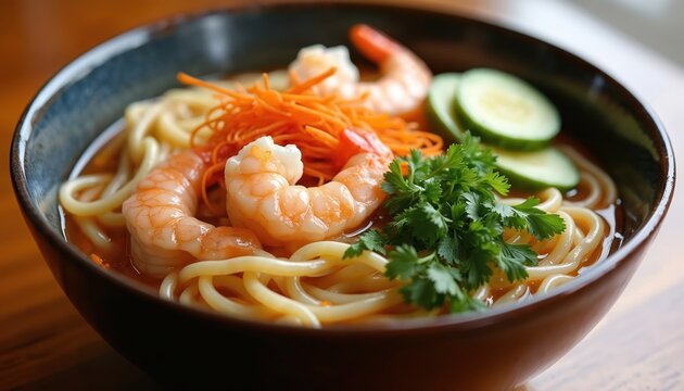 Fresh shrimp udon noodles bowl. Asian cuisine food, delicious dish. Japanese cooking style. Carrots, cucumber, parsley, seafood meal. Lunch or dinner. Healthy eating.