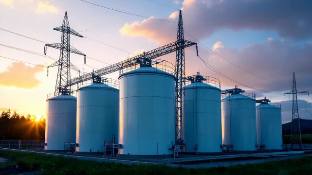 Large industrial storage tanks under electrical power lines at dusk against a colorful sky in a rural environment