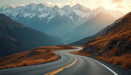 Winding road through majestic snow-capped mountains. Empty asphalt road leads to mountain peaks, horizon. Serene nature landscape, blue sky background, travel destination. Scenic view, road trip,