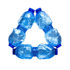 Recycled plastic bottles forming a stylized recycle symbol.  Blue plastic bottles arranged in a triangle shape.  Translucent quality of plastic.  Solid black background. 