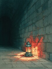 A lantern illuminates a dimly lit stone passageway, casting a warm glow on the aged, rough-hewn walls. The light accentuates the textures and shadows, creating a mysterious atmosphere
