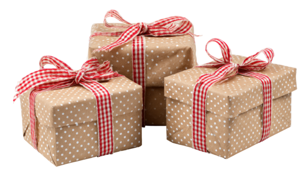 Three gift boxes, stacked, wrapped in kraft paper with polka dots and red ribbon bows