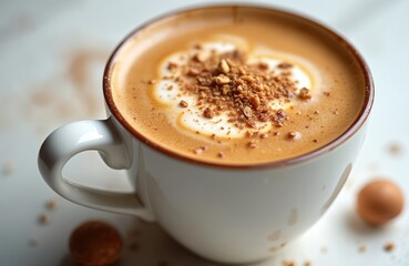 Fototapeta premium Silky caramel hazelnut latte with vanilla syrup, crushed hazelnut topping. Rich brown beverage served in white ceramic mug. Close-up on creamy foam art. Perfect morning coffee, cafe indulgence,