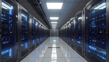 Fototapeta premium Digital infrastructure datacenter illuminated with servers and equipment