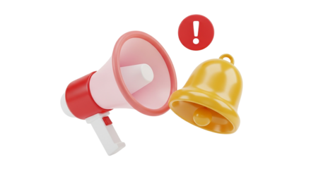 Loudly announce immediate attention needed with a bold red and white megaphone next to a shiny on transparent background