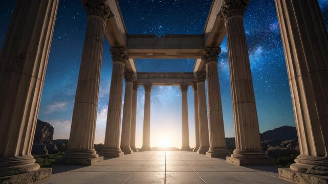 Classical stone temple ruins featuring doric columns at night with a starry sky and horizon, stone architecture and tile flooring perspective
