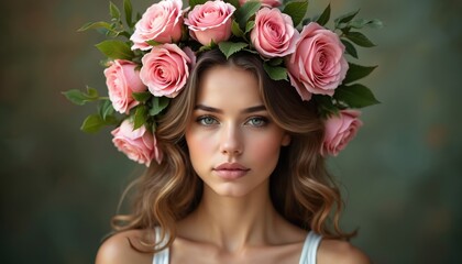 Naklejka premium Dreamy portrait of young woman wearing flower crown. Pink roses, green leaves arranged in circular pattern. Loose curls styled hair. Girl in white tank top looks into camera with serious expression.
